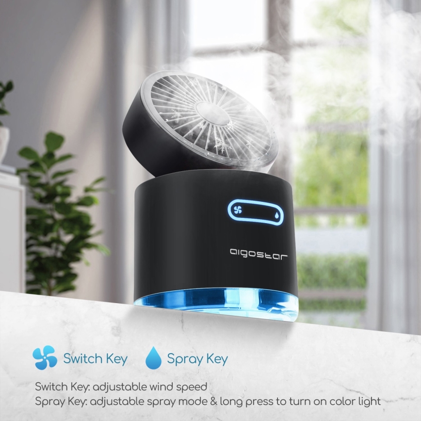 Aigostar - RGB Bezdrátový mini stolní ventilátor s mlhovým efektem MIST 10W/5V černá