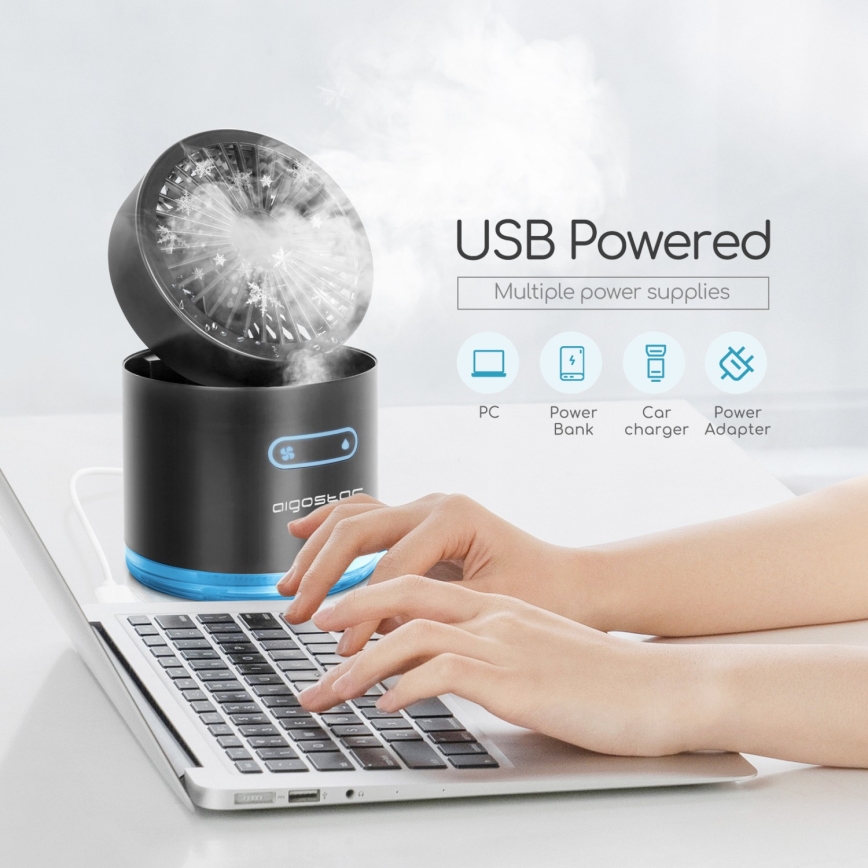 Aigostar - RGB Bezdrátový mini stolní ventilátor s mlhovým efektem MIST 10W/5V černá