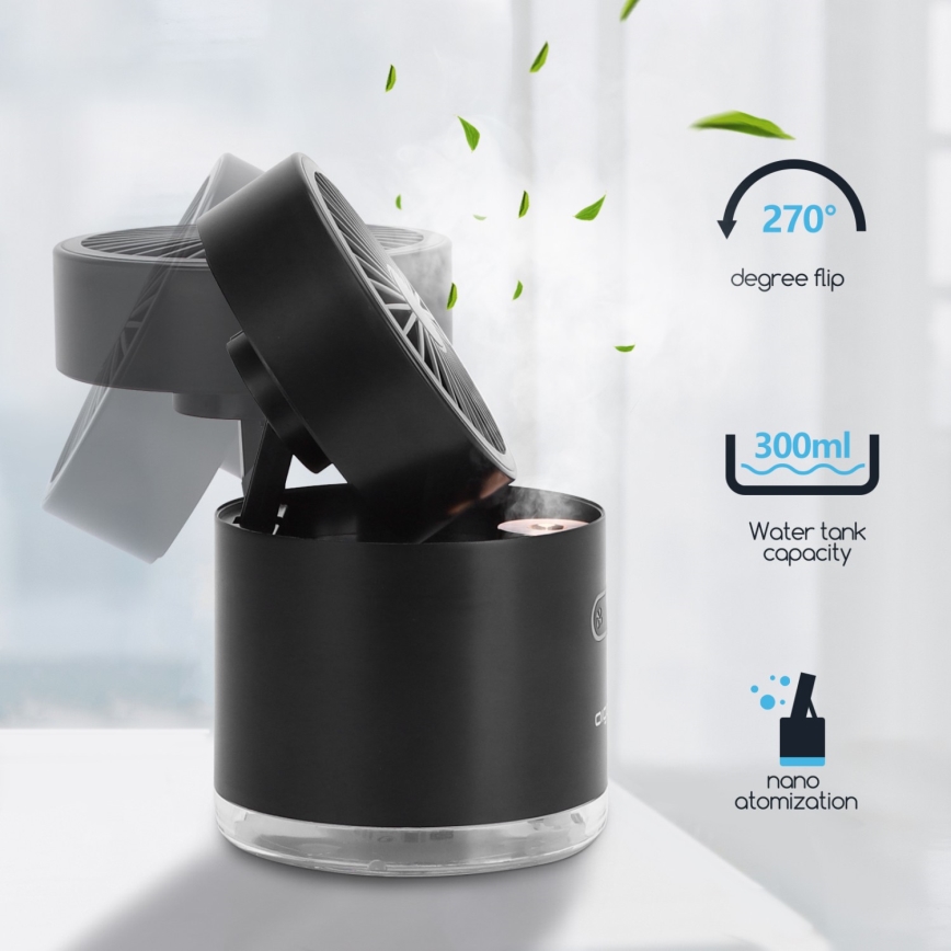 Aigostar - RGB Bezdrátový mini stolní ventilátor s mlhovým efektem MIST 10W/5V černá