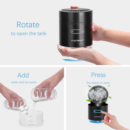 Aigostar - RGB Bezdrátový mini stolní ventilátor s mlhovým efektem MIST 10W/5V černá