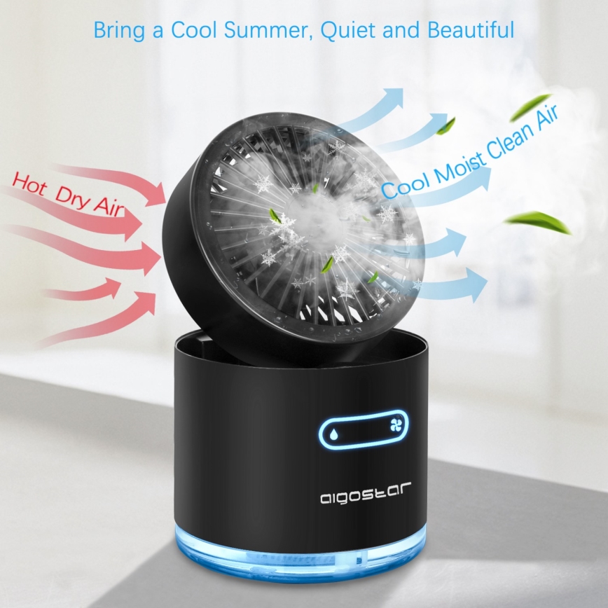 Aigostar - RGB Bezdrátový mini stolní ventilátor s mlhovým efektem MIST 10W/5V černá