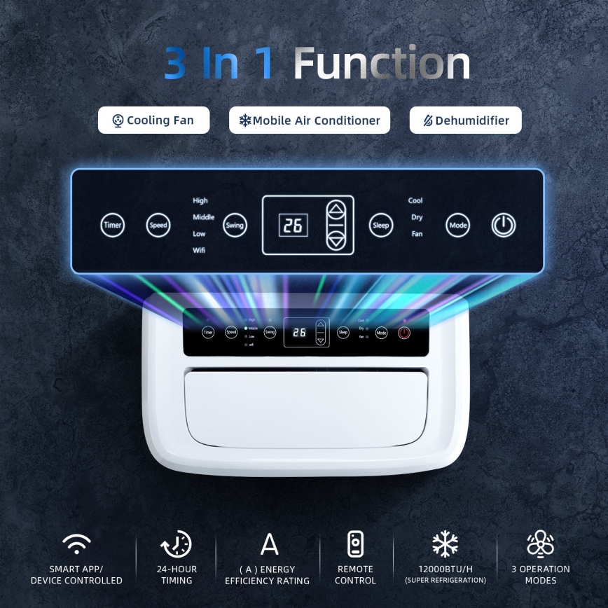 Aigostar - Chytrá mobilní klimatizace 1337W/230V 12000 BTU Wi-Fi bílá + dálkové ovládání