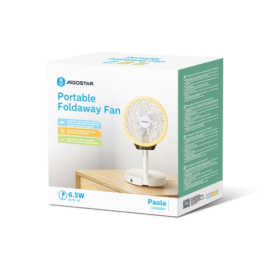 Aigostar - LED Bezdrátový skládací ventilátor s USB portem 6,5W/5V 8000 mAh
