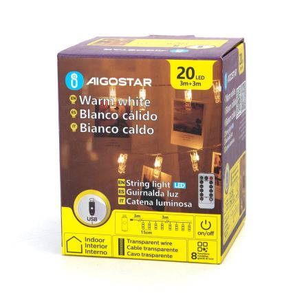 Aigostar - LED Dekorační řetěz 20xLED/5W/USB 6 m teplá bílá