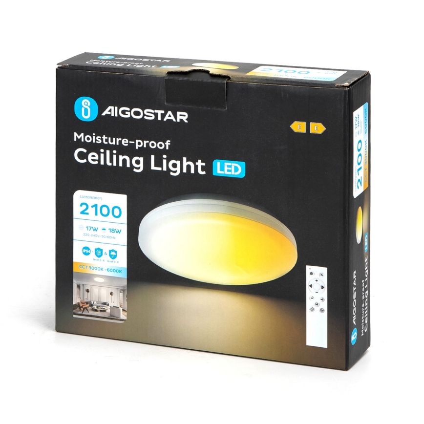 Aigostar - LED Stmívatelné koupelnové stropní svítidlo LED/18W/230V 3000-6000K IP54 + dálkové ovládání