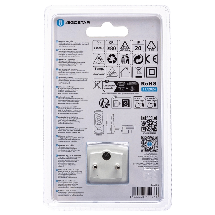 Aigostar - LED Noční světlo se senzorem soumraku LED/0,2W/230V 3000K