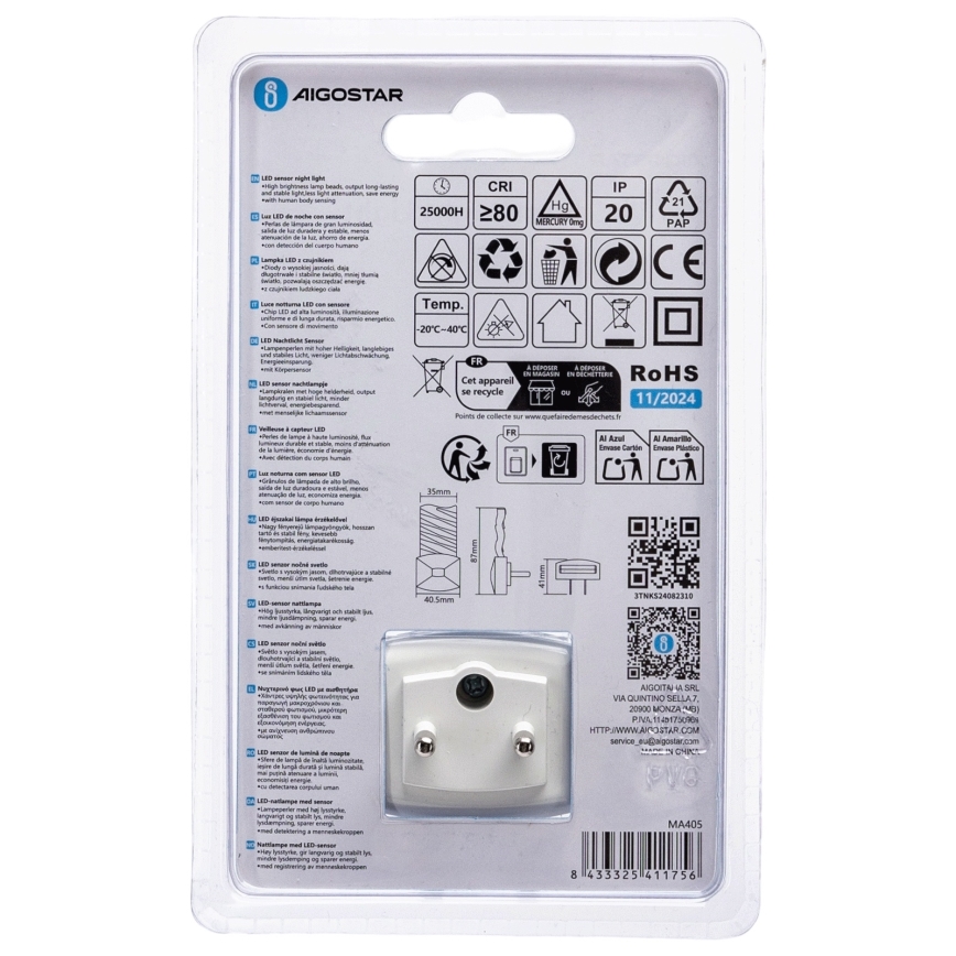 Aigostar - LED Noční světlo se senzorem soumraku LED/0,2W/230V 6500K