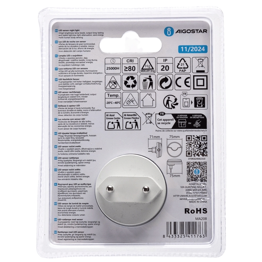 Aigostar - LED Noční světlo se senzorem soumraku LED/0,5W/230V 3000K