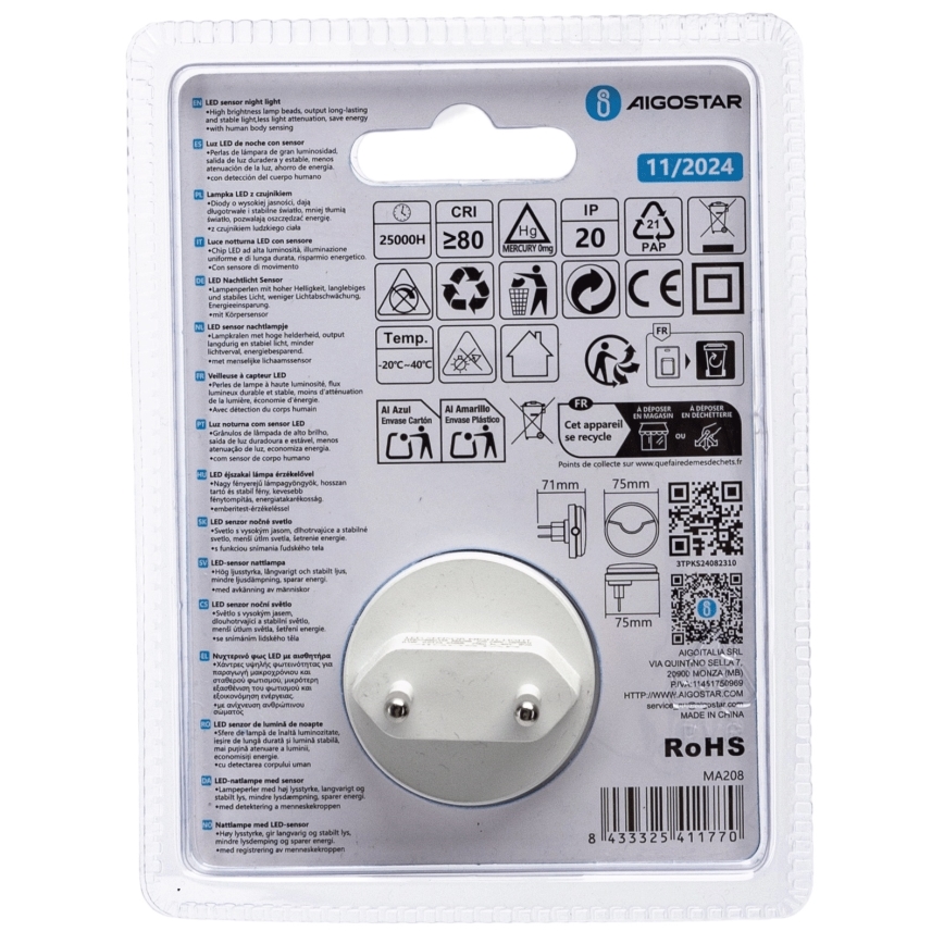 Aigostar - LED Noční světlo se senzorem soumraku LED/0,5W/230V 6500K
