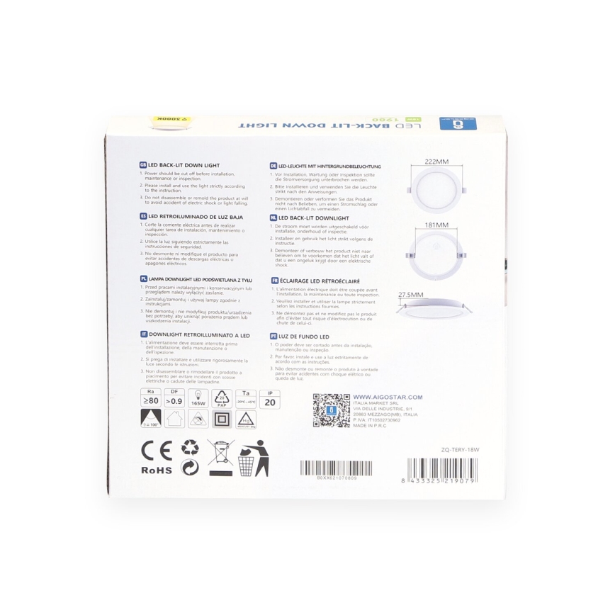 Aigostar - LED Podhledové svítidlo LED/18W/230V 3000K pr. 22,2 cm bílá
