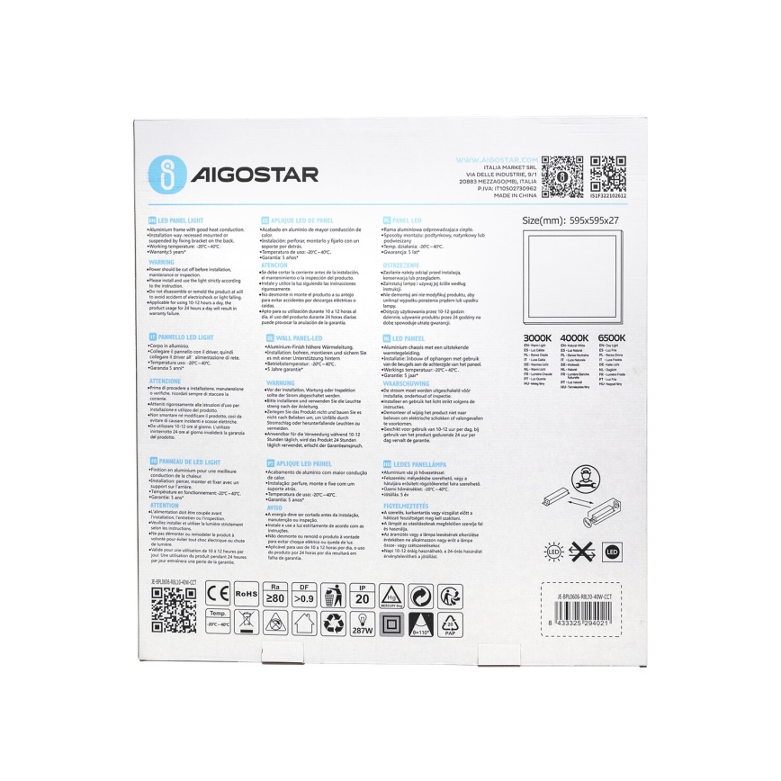Aigostar - LED Podhledový panel LED/40W/230V 3000K/4000K/6500K 60x60cm bílá