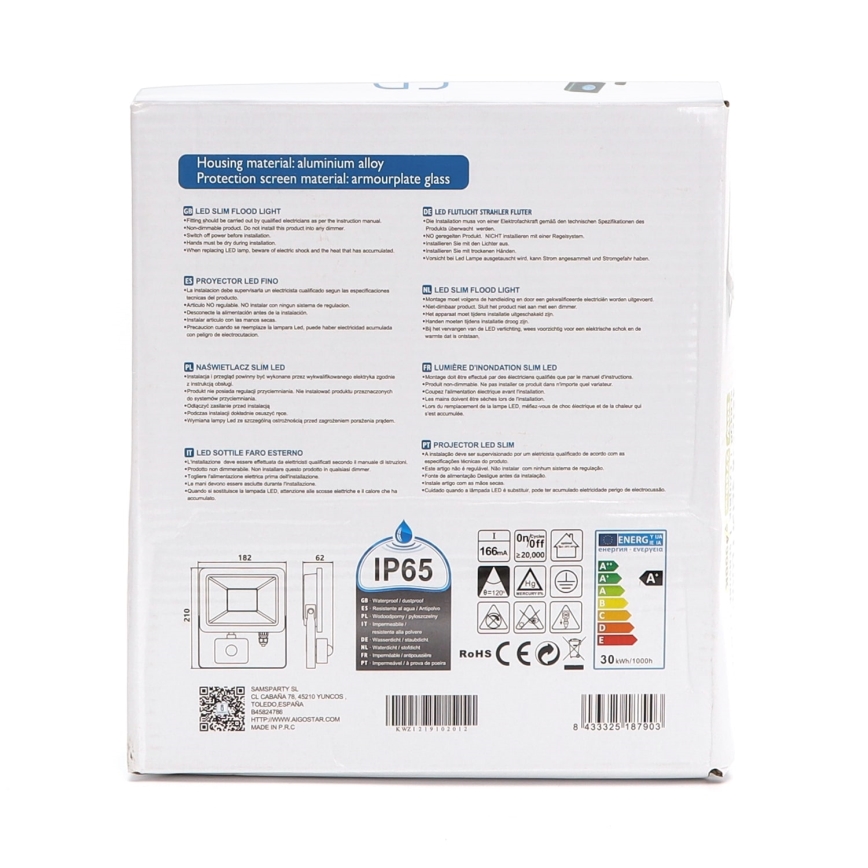 Aigostar - LED Reflektor se senzorem LED/30W/230V 4000K IP65 černá