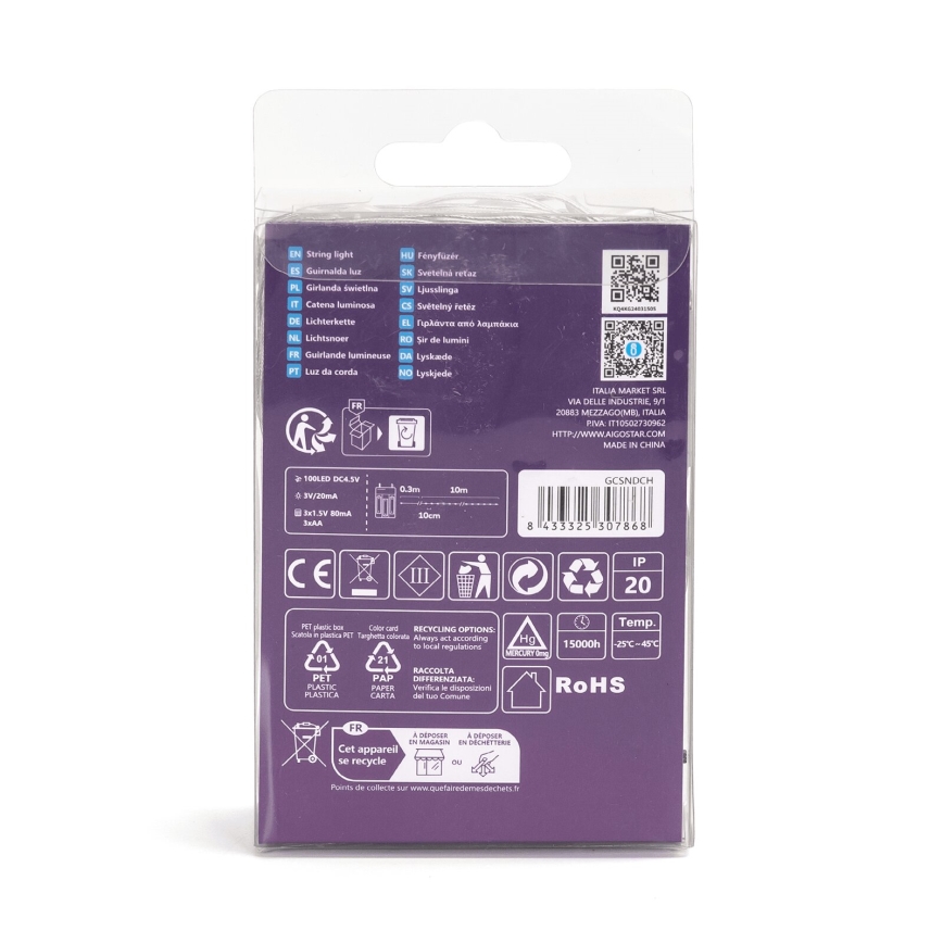 Aigostar - LED  řetěz 100xLED/3xAA 10,3m studená bílá