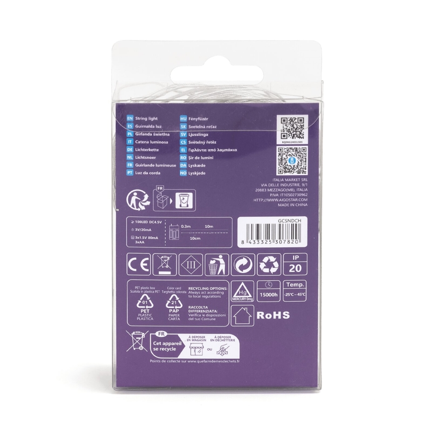 Aigostar - LED  řetěz 100xLED/3xAA 10,3m teplá bílá
