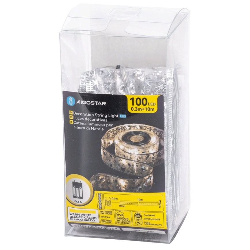 Aigostar - LED  řetěz 100xLED/3xAA 10 m teplá bílá stříbrná