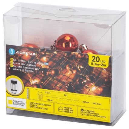 Aigostar - LED  řetěz 20xLED/3xAA 2m teplá bílá