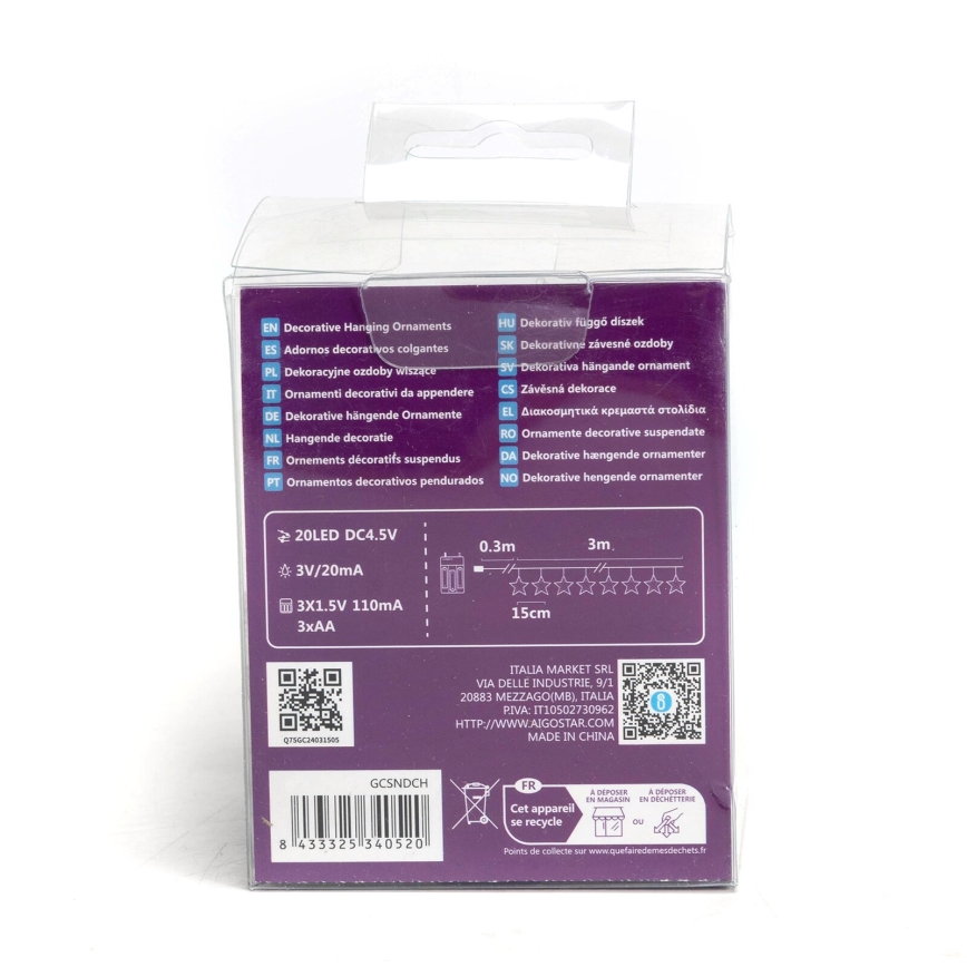 Aigostar - LED  řetěz 20xLED/3xAA 3,3m hvězdy