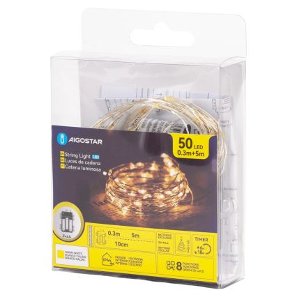Aigostar - LED Venkovní řetěz 50xLED/3xAA 5,3 m teplá bílá