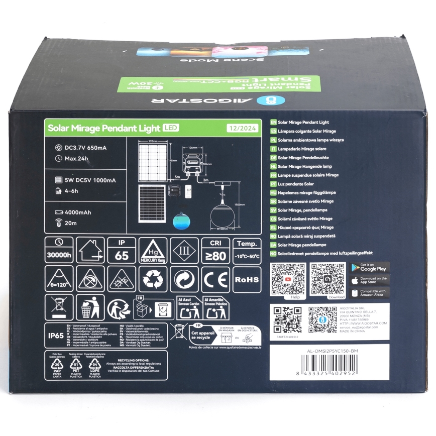 Aigostar - LED RGB Stmívatelný solární lustr MESH LED/20W/3,7V 4000 mAh 2700K-6500K IP65 pr. 15 cm