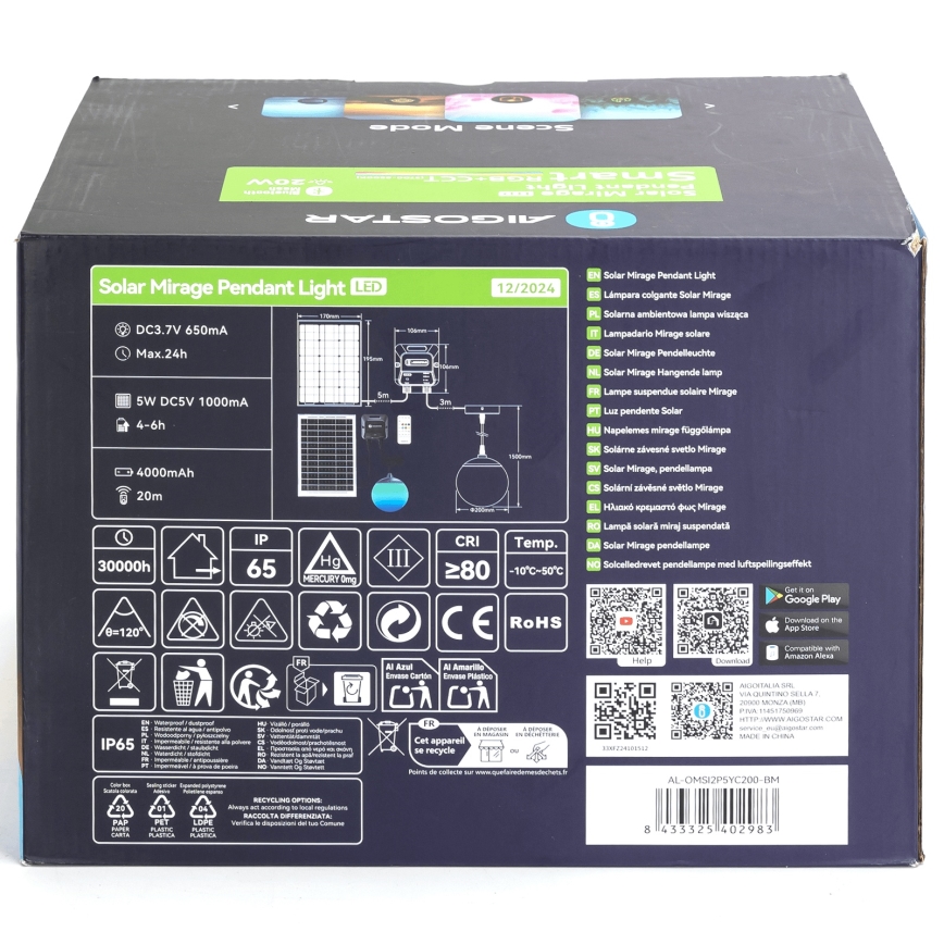 Aigostar - LED RGB Stmívatelný solární lustr MESH LED/20W/3,7V 4000 mAh 2700K-6500K IP65 pr. 20 cm