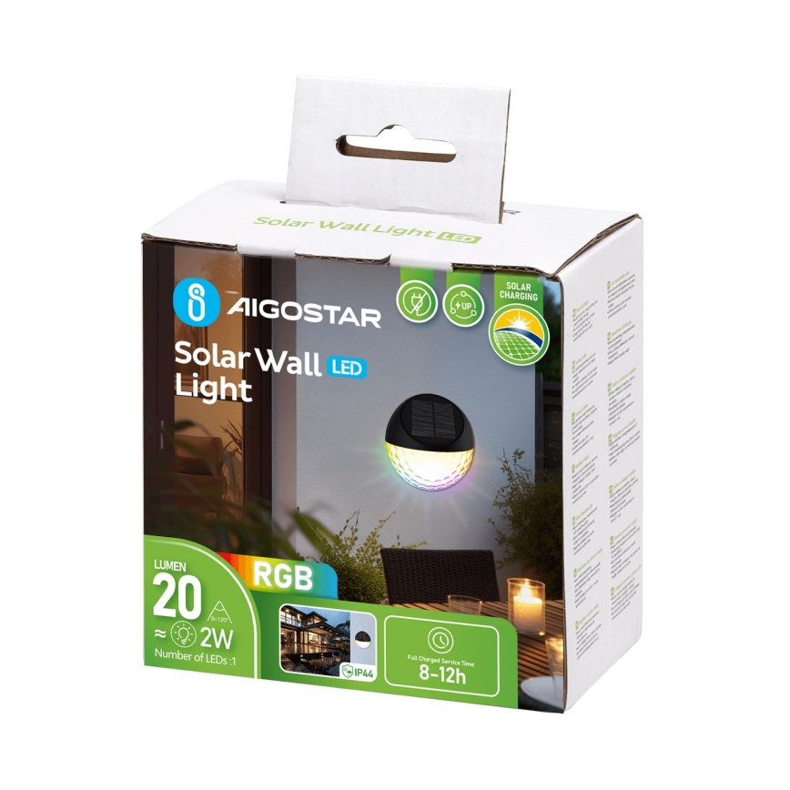 Aigostar - LED RGB Solární nástěnné svítidlo LED/2W/1,2V 300 mAh černá IP44