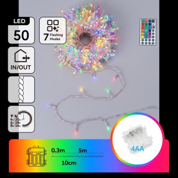 Aigostar - LED RGB Venkovní vánoční řetěz 50xLED/7 funkcí 4xAA 5,3m IP44 multicolor + dálkové ovládání
