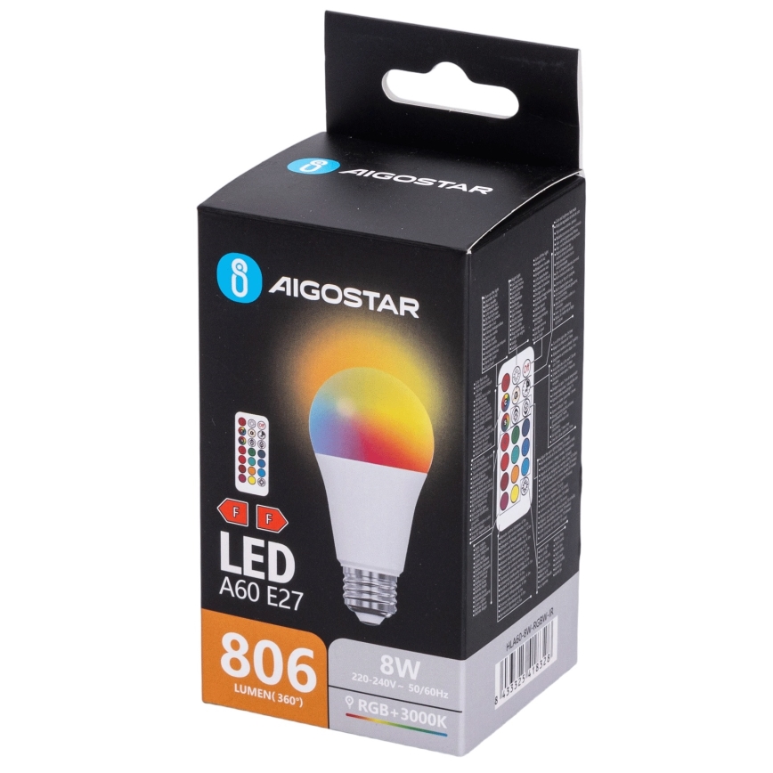 Aigostar - LED RGBW Stmívatelná žárovka A60 E27/8W/230V 3000K + dálkové ovládání