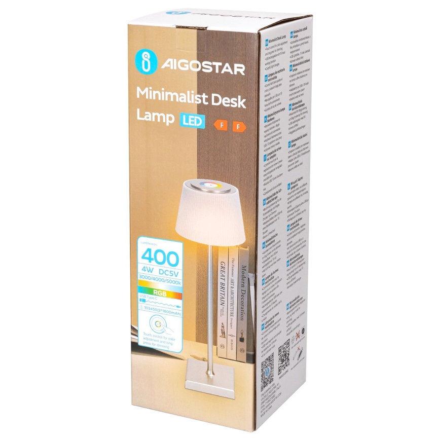 Aigostar - LED RGBW Venkovní stmívatelná nabíjecí stolní lampa LED/4W/5V 3600mAh bílá/matný chrom IP54