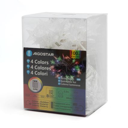 Aigostar - LED RGBY Venkovní vánoční řetěz 100xLED/8 funkcí 3xAA 10m IP44 hvězdy