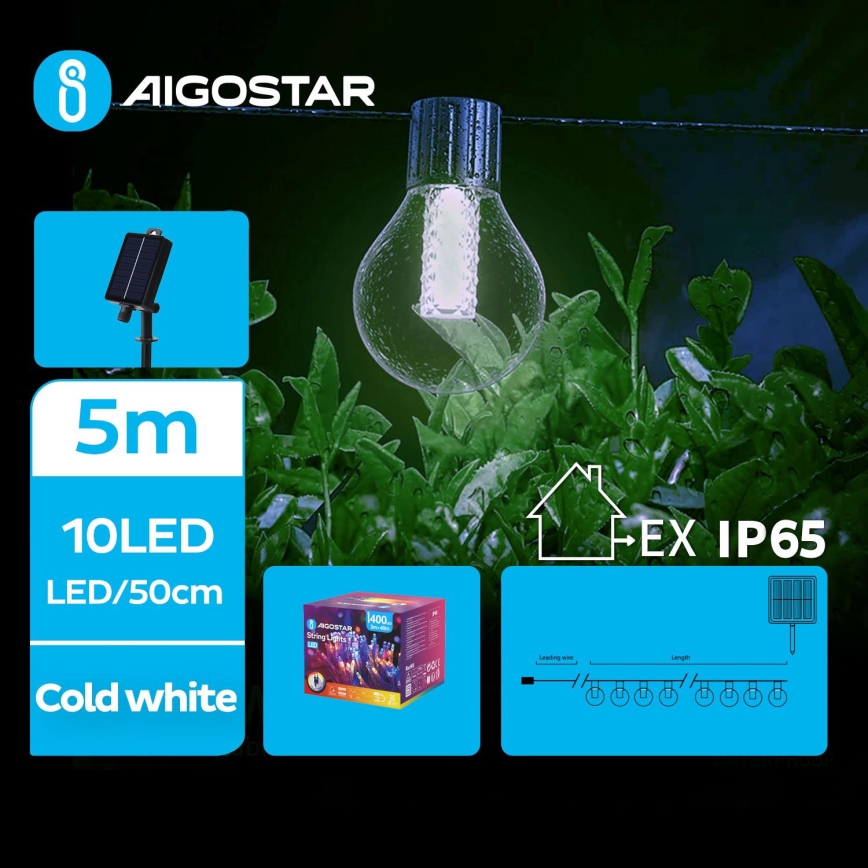 Aigostar - LED Solární dekorační řetěz 10xLED/8 funkcí 5,5m IP65 studená bílá 500 mAh