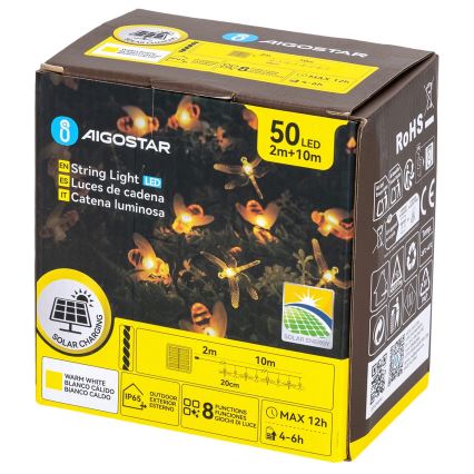 Aigostar - LED Solární dekorační řetěz 50xLED/8 funkcí 10 m 800 mAh IP65 teplá bílá
