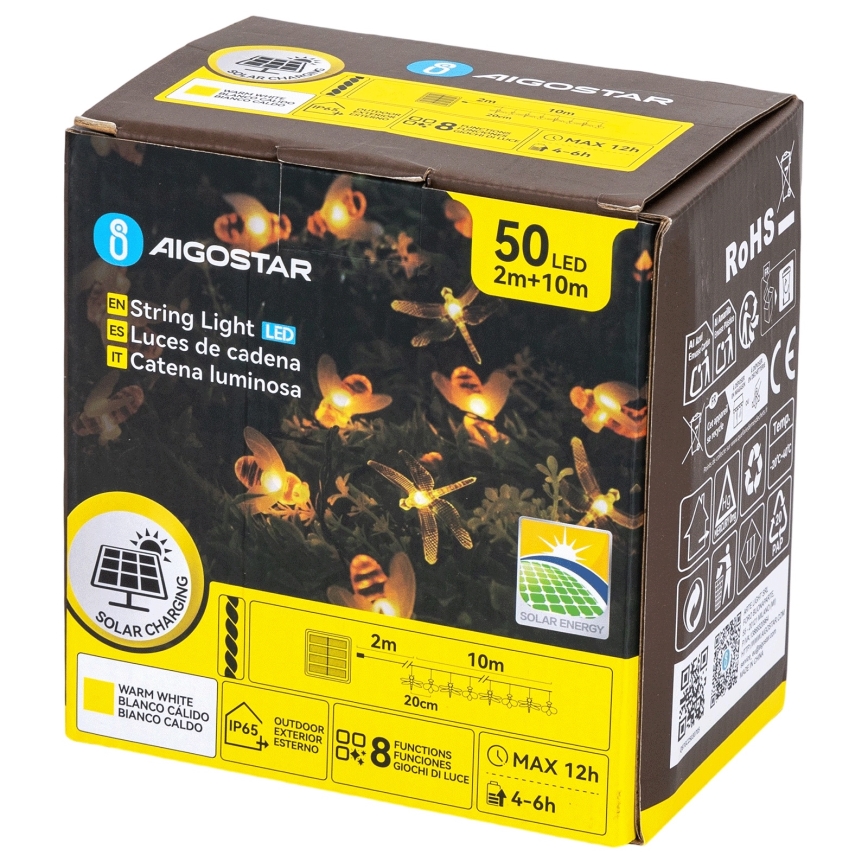 Aigostar - LED Solární dekorační řetěz 50xLED/8 funkcí 10 m 800 mAh IP65 teplá bílá