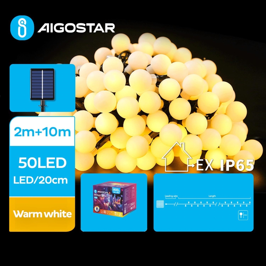 Aigostar - LED Solární dekorační řetěz 50xLED/8 funkcí 12m 800 mAh IP65 teplá bílá