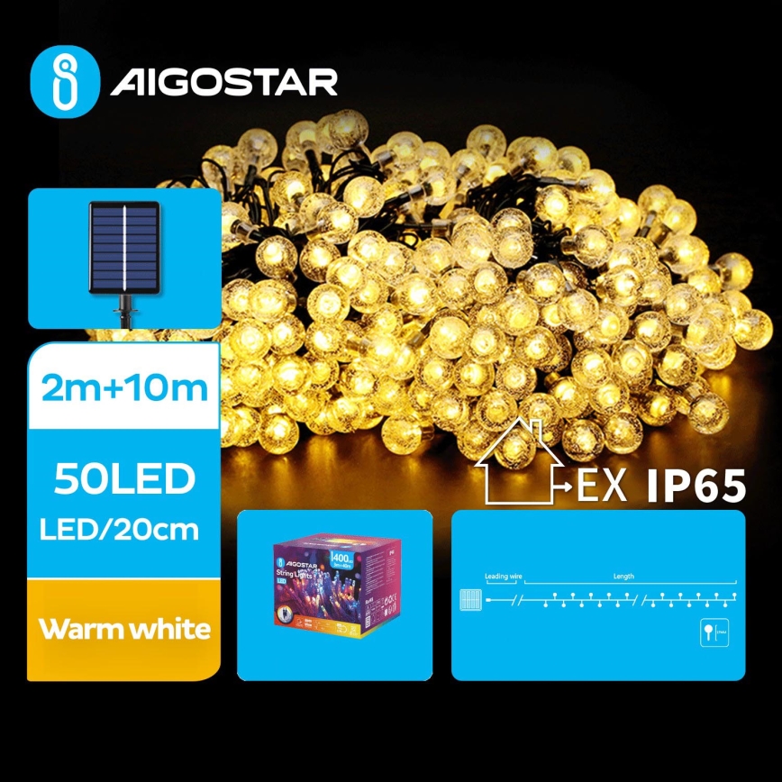 Aigostar - LED Solární dekorační řetěz 50xLED/8 funkcí 12m 800 mAh IP65 teplá bílá