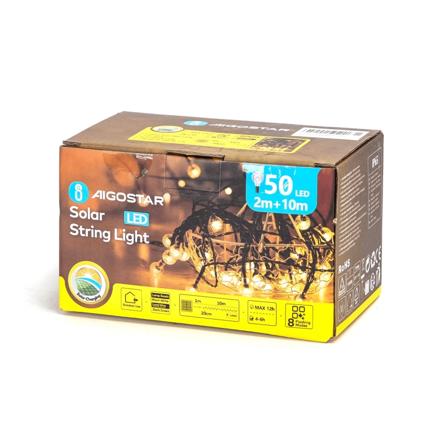 Aigostar - LED Solární dekorační řetěz 50xLED/8 funkcí 12m 800 mAh IP65 teplá bílá