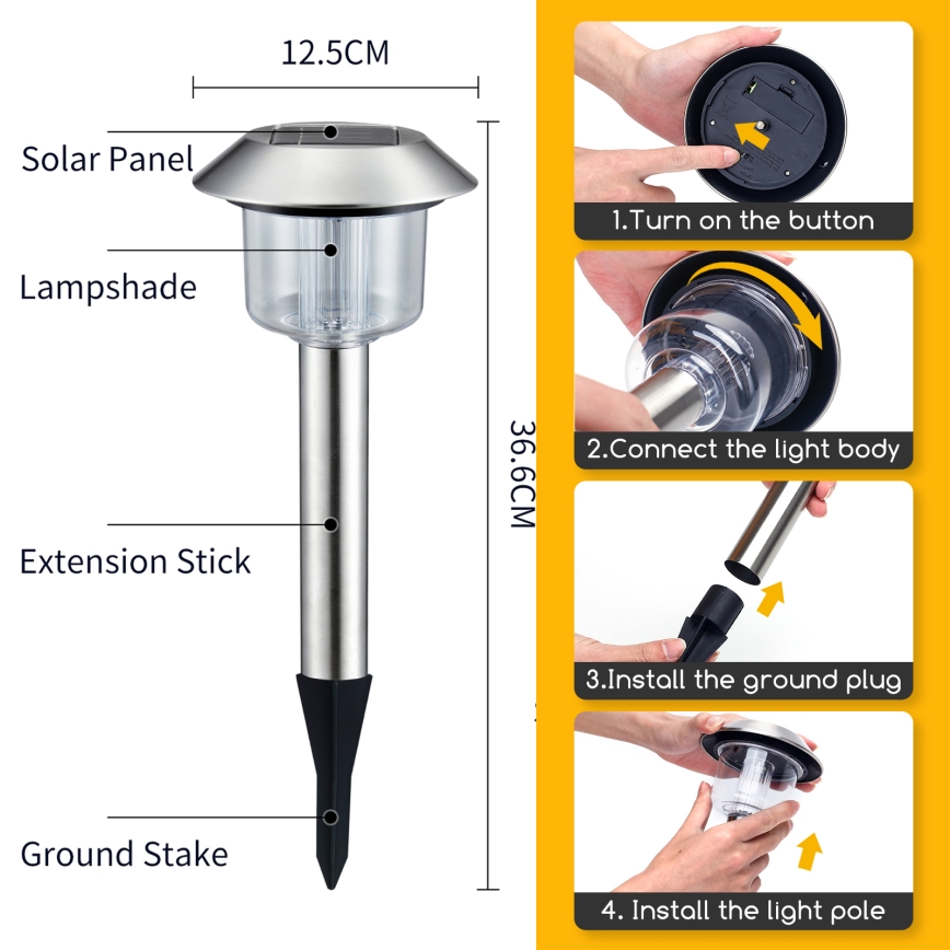 Aigostar - LED Solární lampa LED/0,08W/2V 36,6 cm 3000K IP44 matný chrom