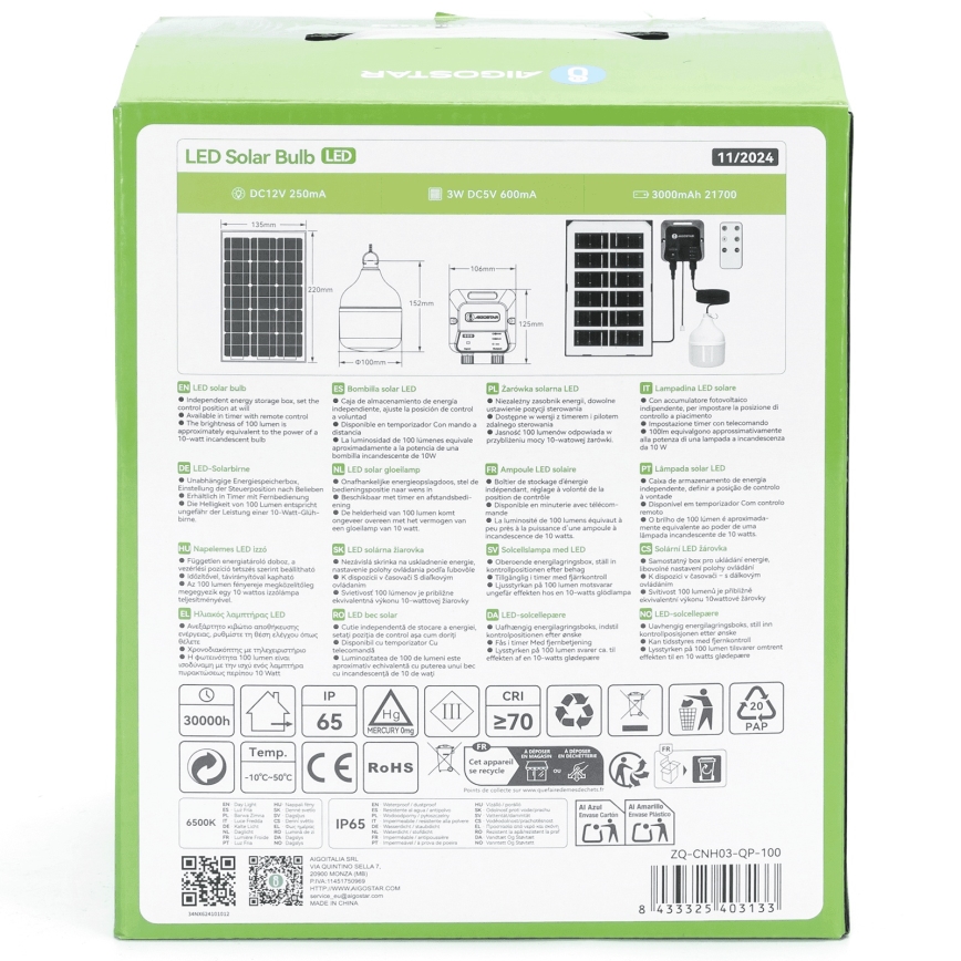 Aigostar - LED Solární lustr LED/35W/12V 3000 mAh 6500K pr. 10 cm + dálkové ovládání