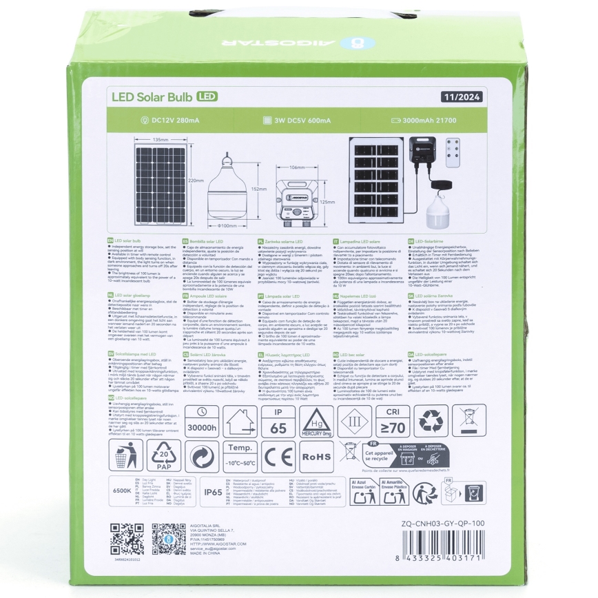 Aigostar - LED Solární lustr se senzorem LED/35W/12V 3000 mAh 6500K pr. 10 cm + dálkové ovládání