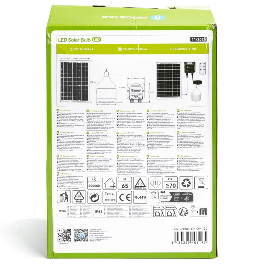 Aigostar - LED Solární lustr se senzorem LED/70W/12V 6000 mAh 6500K pr. 12 cm + dálkové ovládání