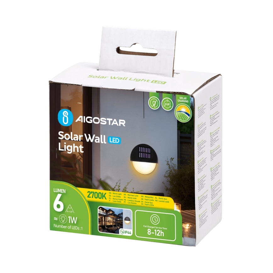 Aigostar - LED Solární nástěnné svítidlo LED/1W/1,2V černá 200 mAh 2700K IP44