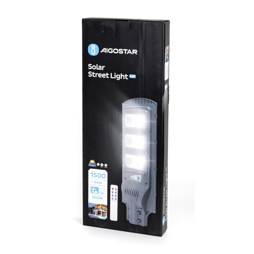 Aigostar - LED Solární pouliční lampa se senzorem pohybu a soumraku LED/150W/3,2V 15000mAh IP65 6500K + dálkové ovládání