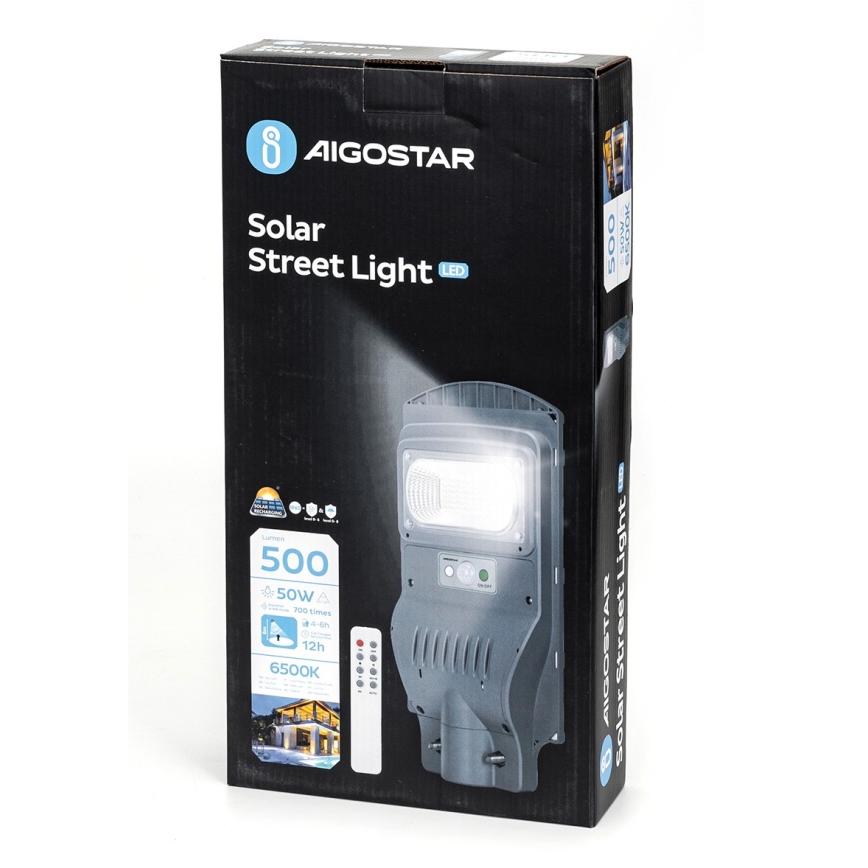 Aigostar - LED Solární pouliční lampa se senzorem LED/50W/3,2V 5000mAh IP65 6500K + dálkové ovládání
