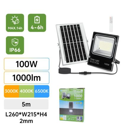 Aigostar - LED Solární reflektor LED/100W/3,2V 2000mAh 3000K/4000K/6500K IP66 + dálkové ovládání
