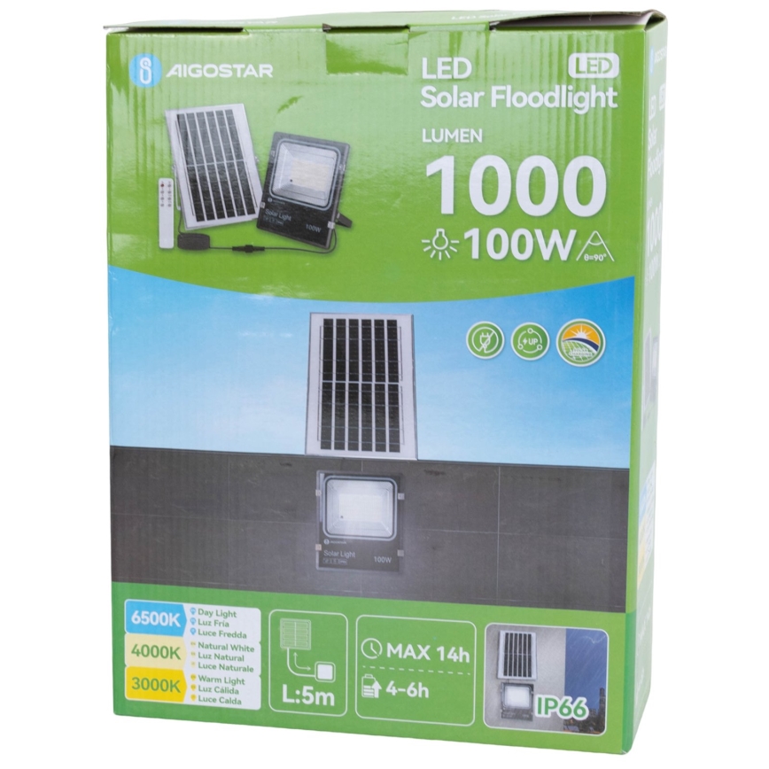 Aigostar - LED Solární reflektor LED/100W/3,2V 2000mAh 3000K/4000K/6500K IP66 + dálkové ovládání
