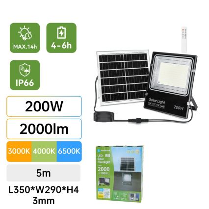 Aigostar - LED Solární reflektor LED/200W/3,2V 3600mAh 3000K/4000K/6500K IP66 + dálkové ovládání