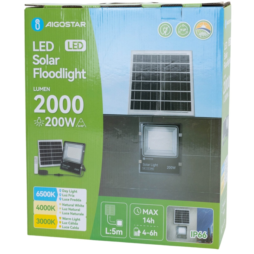 Aigostar - LED Solární reflektor LED/200W/3,2V 3600mAh 3000K/4000K/6500K IP66 + dálkové ovládání