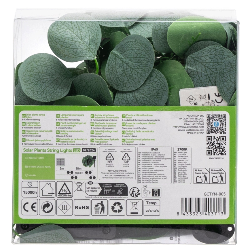 Aigostar - LED Solární řetěz 100xLED/12m IP65 300 mAh teplá bílá eukalyptus