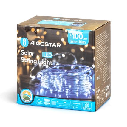Aigostar - LED Solární  řetěz 100xLED/8 funkcí 12m IP65 studená bílá 800 mAh