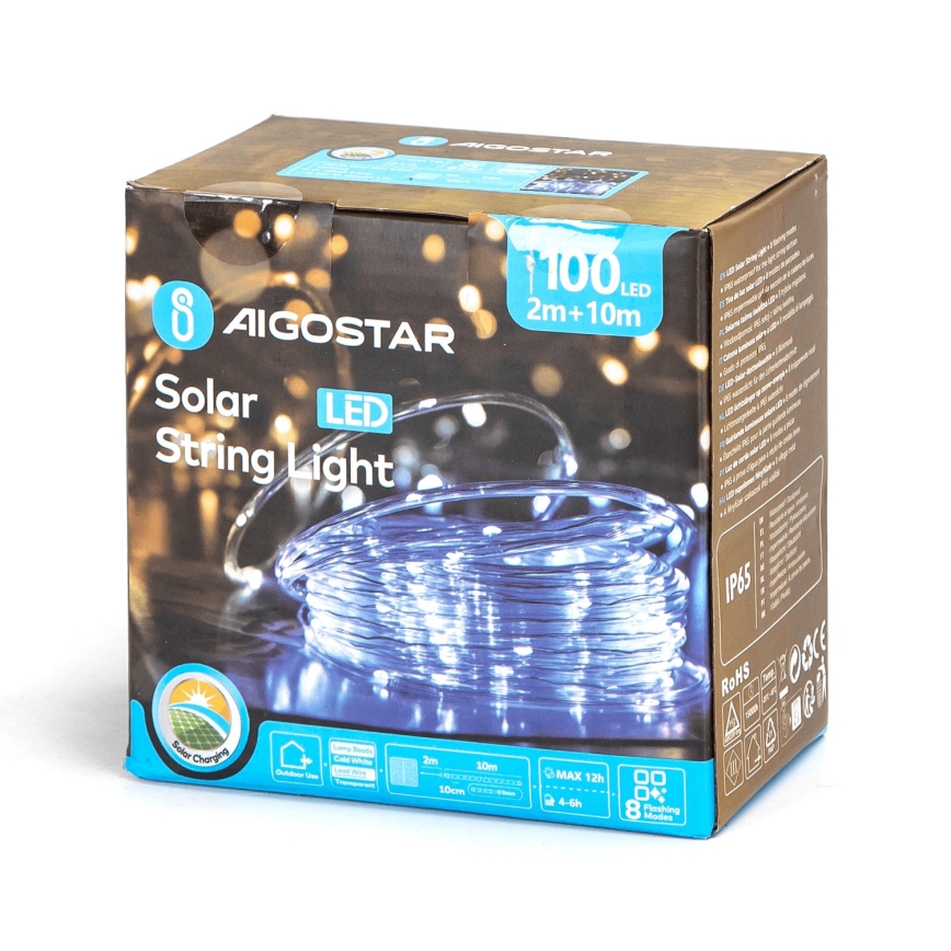 Aigostar - LED Solární  řetěz 100xLED/8 funkcí 12m IP65 studená bílá 800 mAh