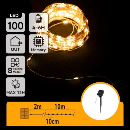 Aigostar - LED Solární  řetěz 100xLED/8 funkcí 12m 800 mAh IP65 teplá bílá
